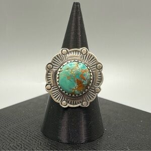 Number 8 Turquoise Sterling Silver 925 Handmade Ring Scalloped Edge Size 8